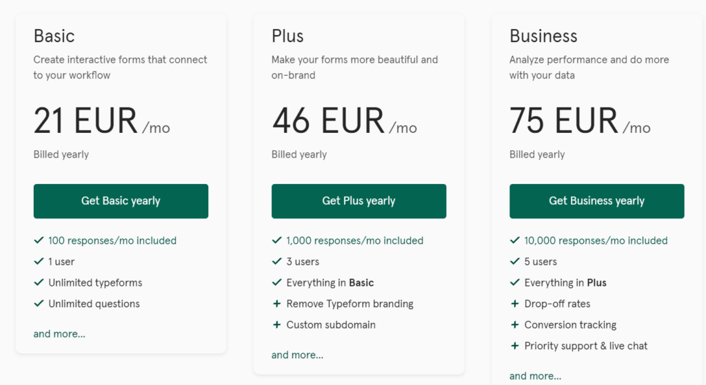Pricing of Typeform form builder