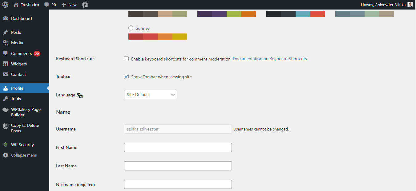 wordpress dashboard to change username